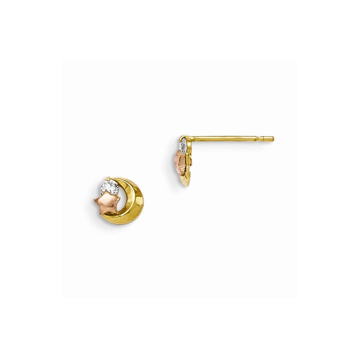 14k Yellow Gold Yellow & Rose Gold Madi K Cubic Zirconia ( CZ ) Moon and Star Post Earrings, 6mm x 6mm