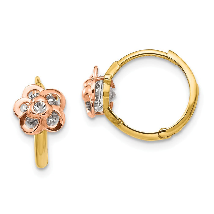 14k Yellow & Rose Gold Madi K Cubic Zirconia ( CZ ) Flower Hinged Hoop Earrings, 12mm x 7mm