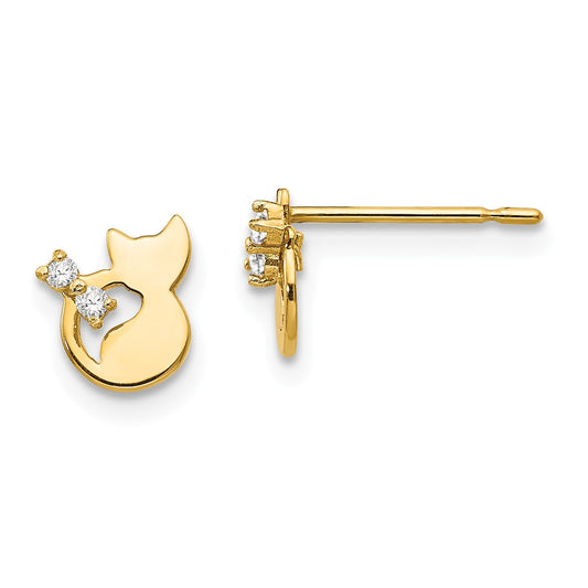 14k Yellow Gold Madi K Cubic Zirconia ( CZ ) Children's Cat Post Earrings, 8mm x 6mm