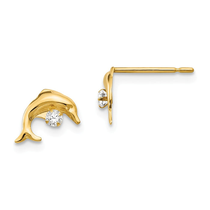 14k Yellow Gold Madi K Cubic Zirconia ( CZ ) Children's Dolphin Post Earrings, 5mm x 8mm