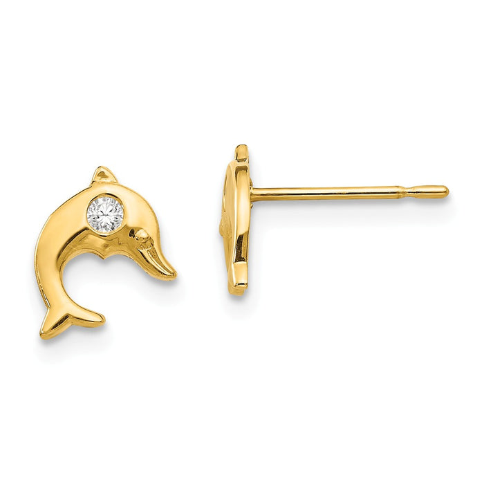 14k Yellow Gold Madi K Cubic Zirconia ( CZ ) Children's Dolphin Post Earrings, 9mm x 7mm