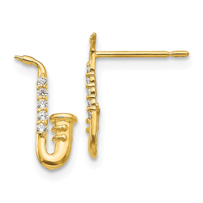 14k Yellow Gold Madi K Cubic Zirconia ( CZ ) Saxophone Post Earrings, 12mm x 4mm