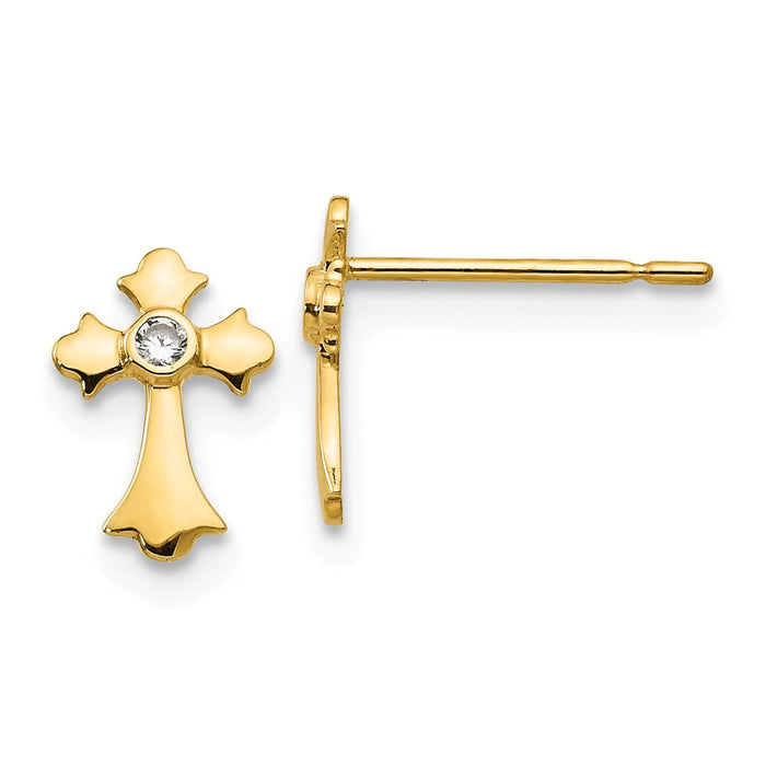 14k Yellow Gold Madi K Cubic Zirconia ( CZ ) Children's Cross Post Earrings, 9mm x 6mm