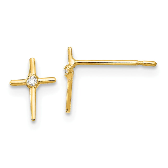 14k Yellow Gold Madi K Cubic Zirconia ( CZ ) Children's Cross Post Earrings, 8mm x 5mm