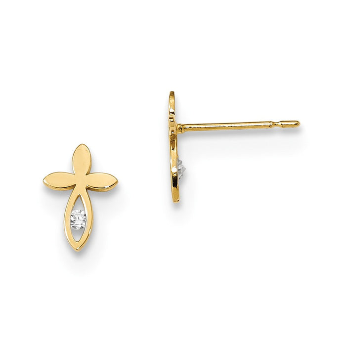 14k Yellow Gold Madi K Childrens Cubic Zirconia ( CZ ) Cross Post Earrings, 9.25mm x 6.25mm