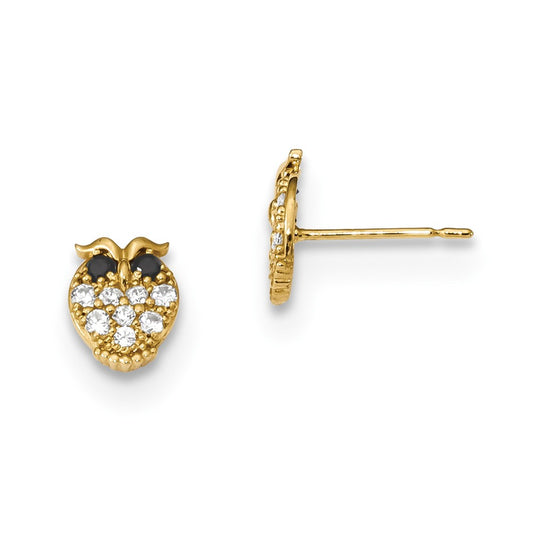 14k Yellow Gold Madi K Childrens Black & White Cubic Zirconia ( CZ ) Owl Post Earrings, 7.7mm x 6.1mm