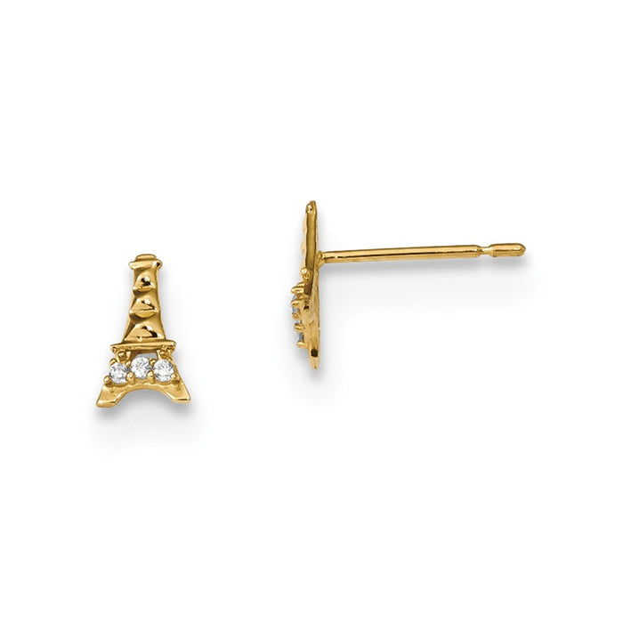 14k Yellow Gold Madi K Childrens Cubic Zirconia ( CZ ) Eiffel Tower Post Earrings, 7.35mm x 4.65mm