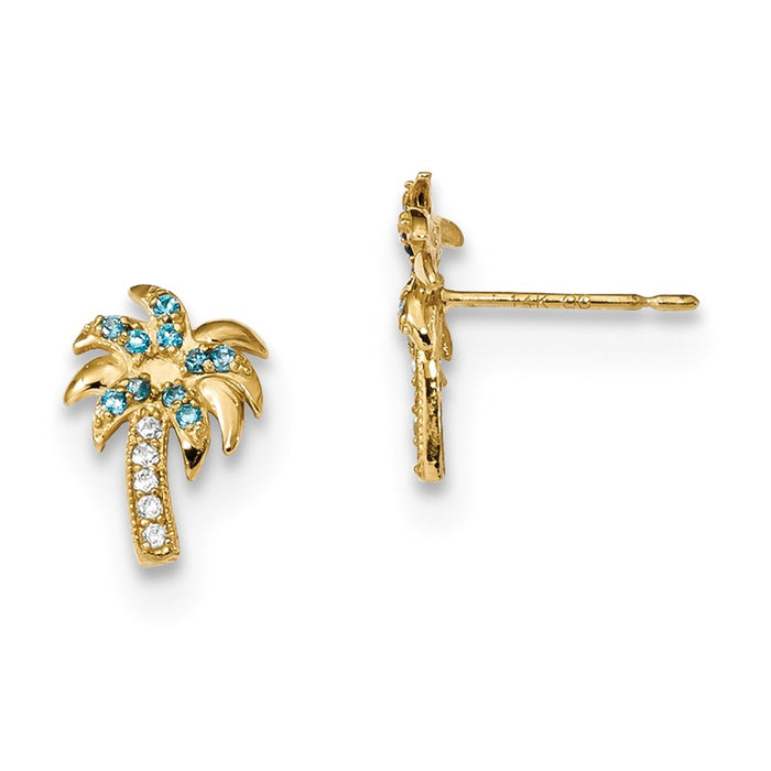 14k Yellow Gold Madi K Blue & Clear Cubic Zirconia ( CZ ) Palm Tree Post Earrings, 11.2mm x 7.6mm