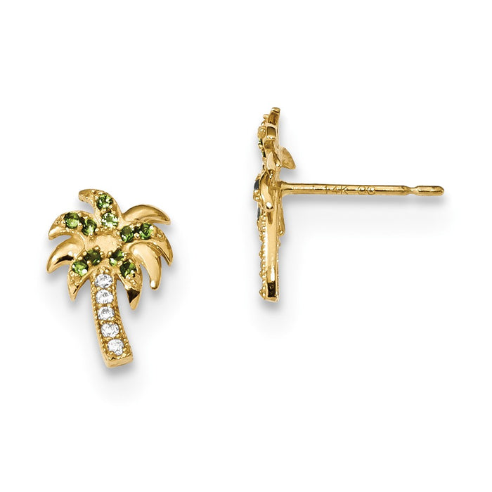 14k Yellow Gold Madi K Green & Clear Cubic Zirconia ( CZ ) Palm Tree Post Earrings, 11.2mm x 7.6mm