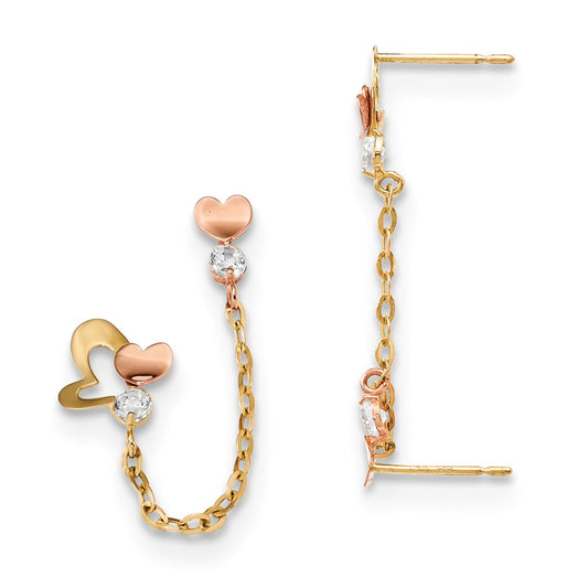 14k Madi K Two-tone Cubic Zirconia ( CZ ) Double Post with Chain Heart Earring, 42mm x 8.15mm