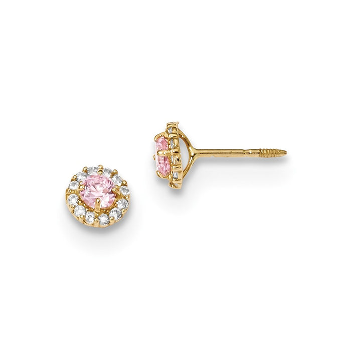 14k Yellow Gold Madi K Polished Pink and Clear Cubic Zirconia ( CZ ) Screwback Post Earrings, 5.35mm x 5.35mm