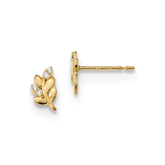 14k Yellow Gold Madi K Childrens Cubic Zirconia ( CZ ) Fern Leaf Post Earrings, 8.15mm x 4.3mm