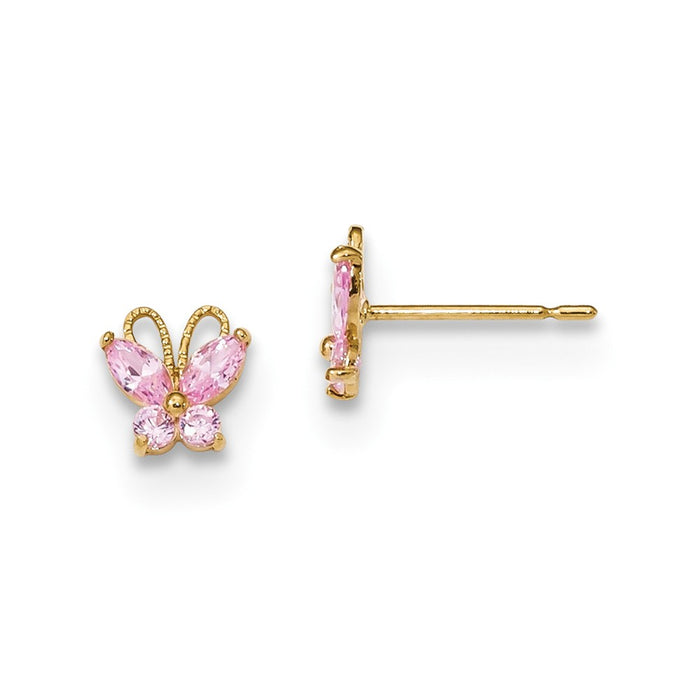 14k Yellow Gold Madi K Childrens Pink Cubic Zirconia ( CZ ) Butterfly Post Earings, 6.6mm x 6.3mm