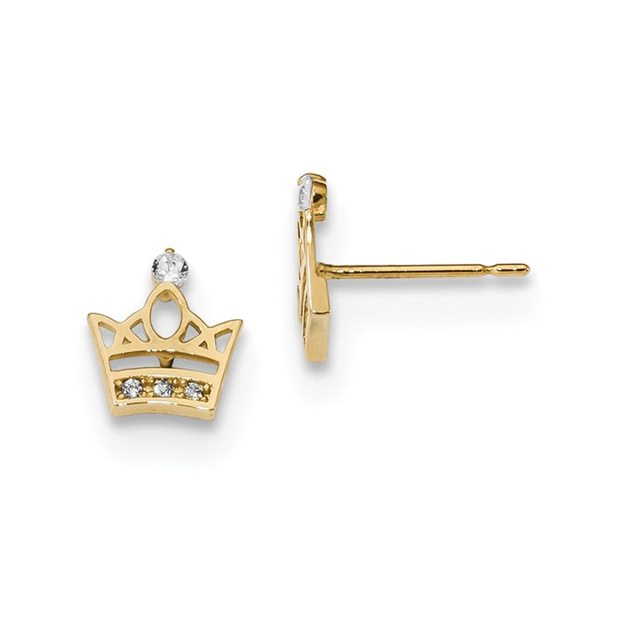 14k Yellow Gold Madi K Childrens Cubic Zirconia ( CZ ) Crown Post Earrings, 8.5mm x 7.2mm