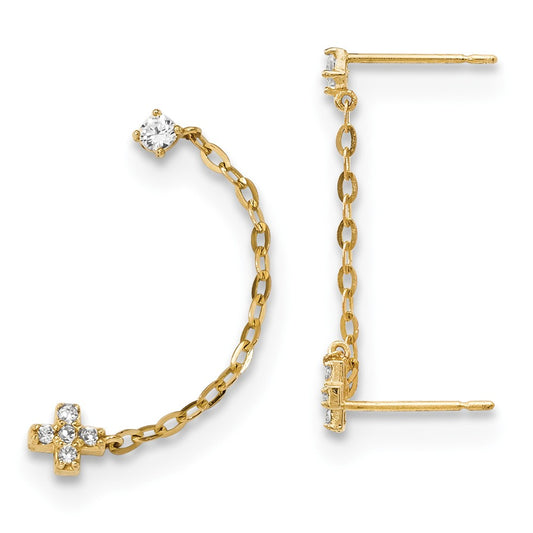 14k Yellow Gold Madi K Double Post with Chain Cubic Zirconia ( CZ ) Cross Earring (single), 33mm x 5mm