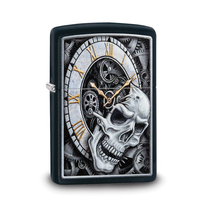 Zippo Black Matte Skull and Clock Design Lighter
