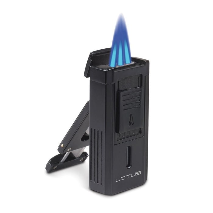 Lotus Duke-V Triple Flame Black Lighter w/Fold Out Serrated V Cutter