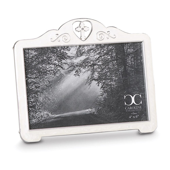 Occasion Gallery Silver-tone Ivory Enamel Heart Cutout with Cross 4x6 Photo Picture Frame