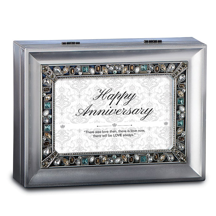 Large Silver Jeweled Happy Anniversary Music Box