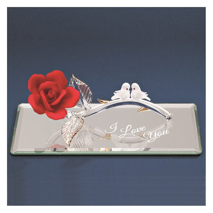 I Love You Red Rose with Doves Glass Figurine