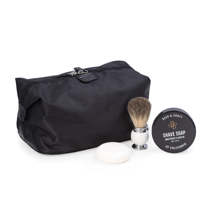 Occasion Gallery  Deer & Croft's Travel Set consisting of a Dope Kit, Pure Badger Shave Brush & Shave Soap. Water Resistant Black Ballistic Nylon & Accented in Black Leatherette.  10.5 L x 6.5 W x 7 H in.