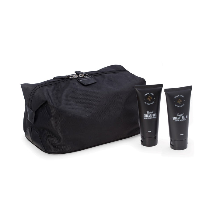 Occasion Gallery Black Deer & Croft's travel set consisting of a dope kit, facial cleanser, shave gel & balm.  Water resistant ballistic nylon & accented in black leatherette.  10.5 L x 6.5 W x 7 H in.