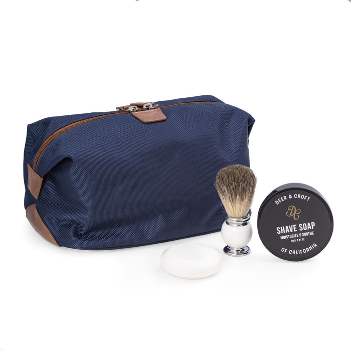 Occasion Gallery Blue Color Deer & Croft's travel set consisting of a dope kit, pure badger shave brush & shave soap. Constructed in water resistant blue ballistic nylon & accented in saddle leatherette.  10.5 L x 6.5 W x 7 H in.