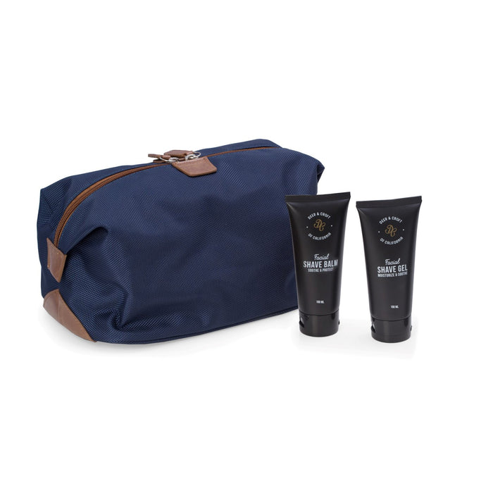 Occasion Gallery Blue Color Deer & Croft's travel set consisting of a dope kit, facial cleanser, shave gel & balm. Constructed in water resistant blue ballistic nylon & accented in saddle leatherette.  10.5 L x 6.5 W x 7 H in.