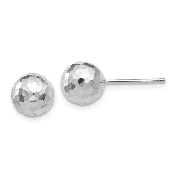 Million Charms 14K White Gold Polished Diamond-cut 8MM Ball Post Earrings, 7.75mm x 7.75mm