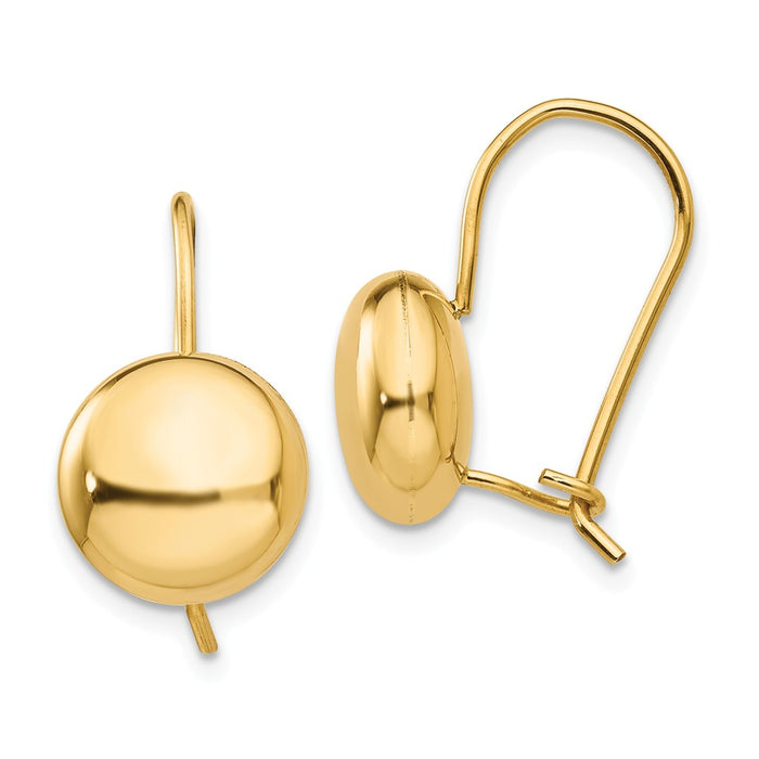 Million Charms 14k Yellow Gold Polished 10.5mm Button Kidney Wire Earrings, 10.5mm x 10.5mm