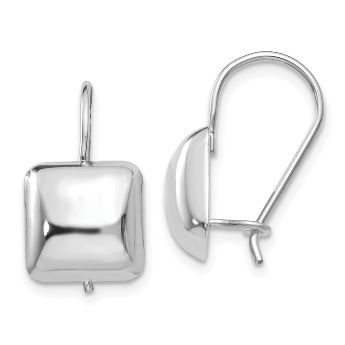 Million Charms 14k White Polished 9.5mm Puffed Square Kidney Wire Earrings, 9.5mm x 9.5mm