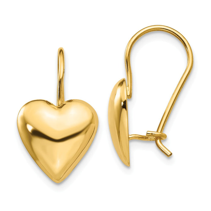 Million Charms 14k Yellow Gold Polished 11.5mm Puffed Heart Kidney Wire Earrings, 11.5mm x 11.5mm