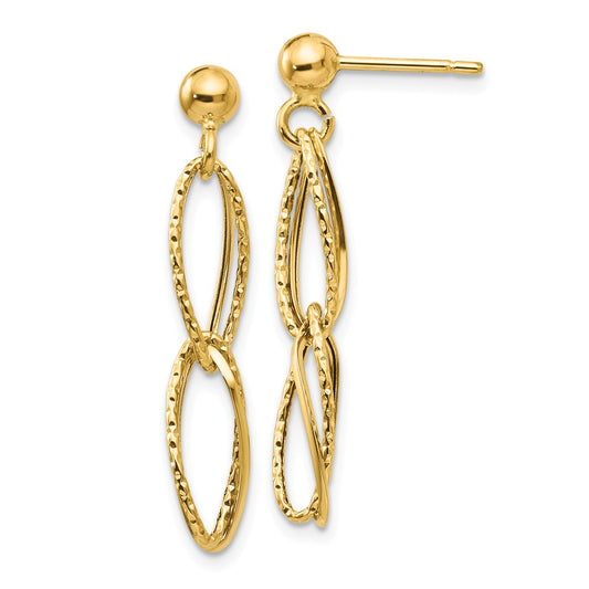 Million Charms 14k Yellow Gold Gold Polished Textured Post Dangle Earrings, 31mm x 6mm