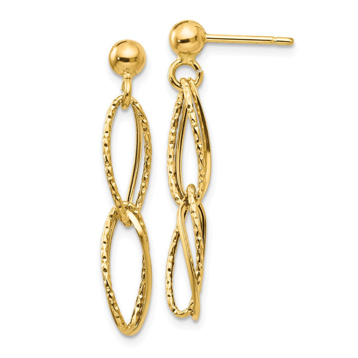 Million Charms 14k Yellow Gold Gold Polished Textured Post Dangle Earrings, 31mm x 6mm