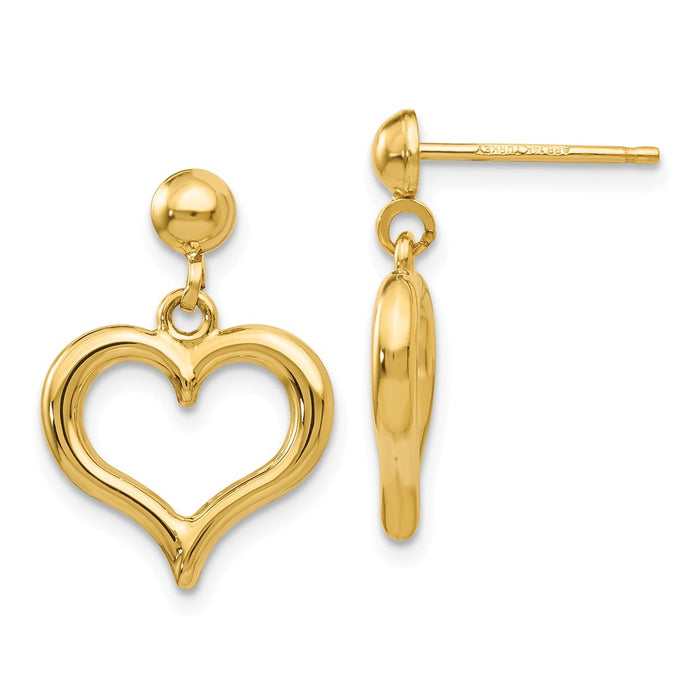 Million Charms 14k Yellow Gold Gold Polished Heart Post Dangle Earrings, 19mm x 13mm