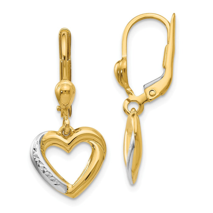 Million Charms 14K and Rhodium Textured and Polished Heart Leverback Earrings,