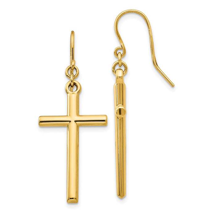 Million Charms 14k Yellow Gold Cross Shepherd Hook Dangle Earrings, 36mm x 14mm