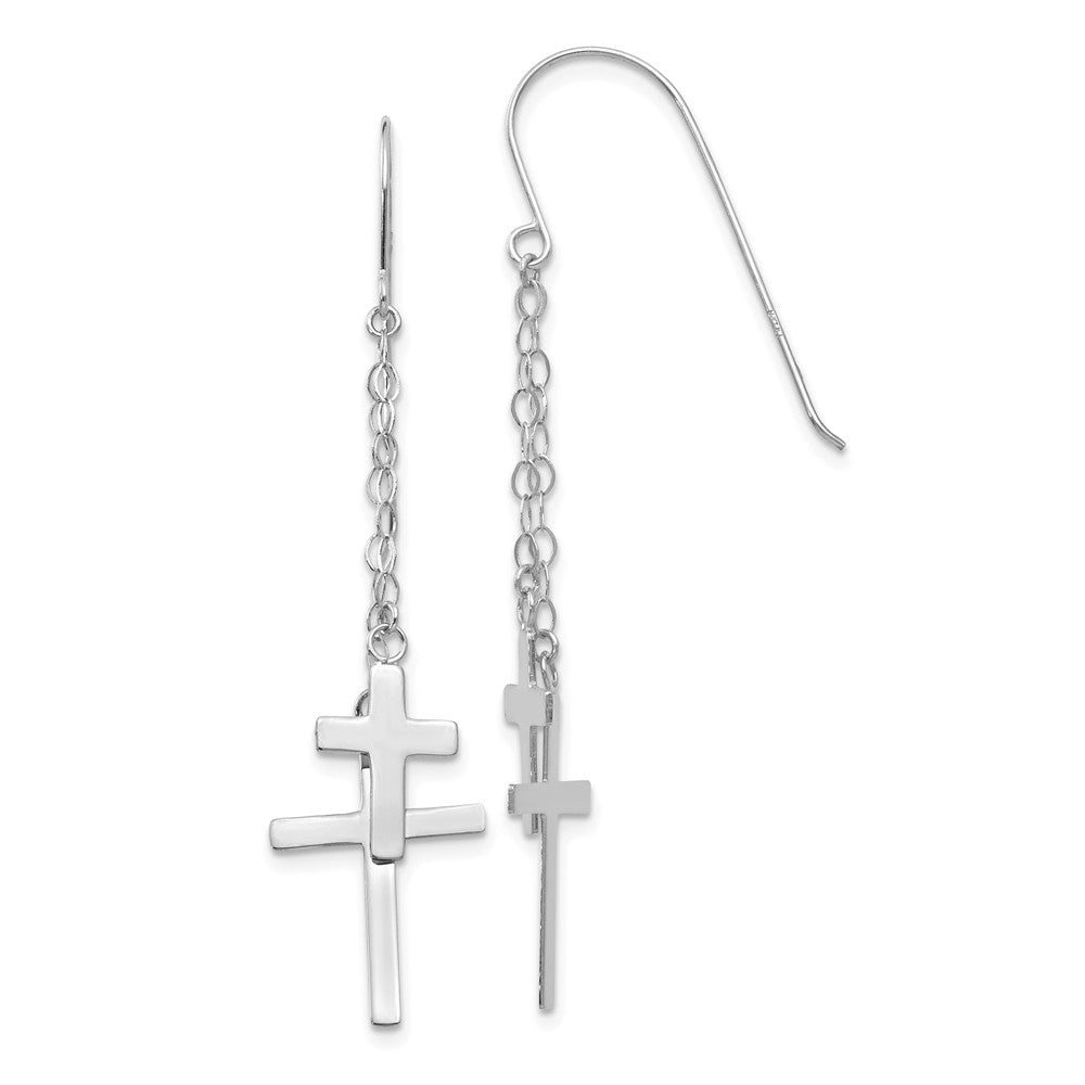 Million Charms 14K White Gold Chain Dangle Cross Shepherd Hook Earrings, 56mm x 12mm