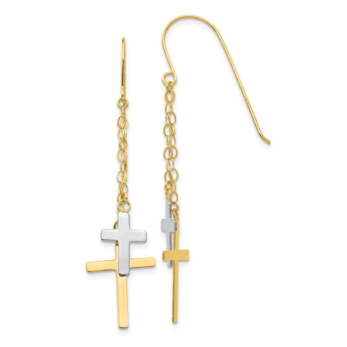Million Charms 14k Yellow Gold Two-tone Chain Dangle Cross Shepherd Hook Earrings, 56mm x 12mm
