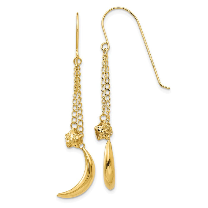 Million Charms 14k Yellow Gold Chain Dangle Puffed Moon & Stars Shepherd Hook Earrings, 54mm x 5mm
