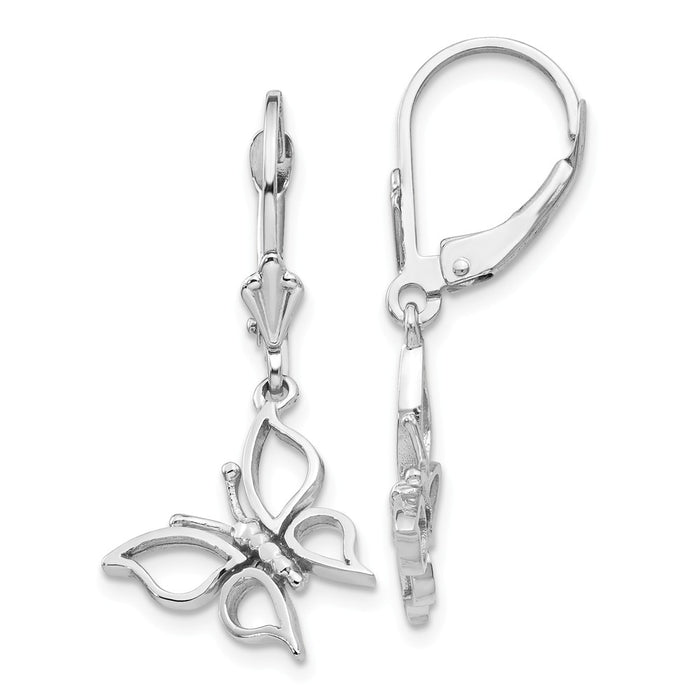 Million Charms 14k White Gold Polished Butterfly Leverback Earrings, 32mm x 16mm