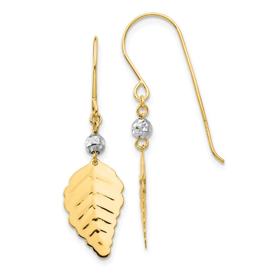 Million Charms 14K Two Tone Stamped Leaf Shepherd Hook Earrings, 35mm x 10mm