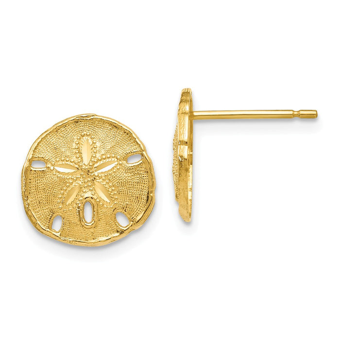 Million Charms 14k Yellow Gold Gold Polished & Textured Sand Dollar Post Earrings, 11mm x 11mm