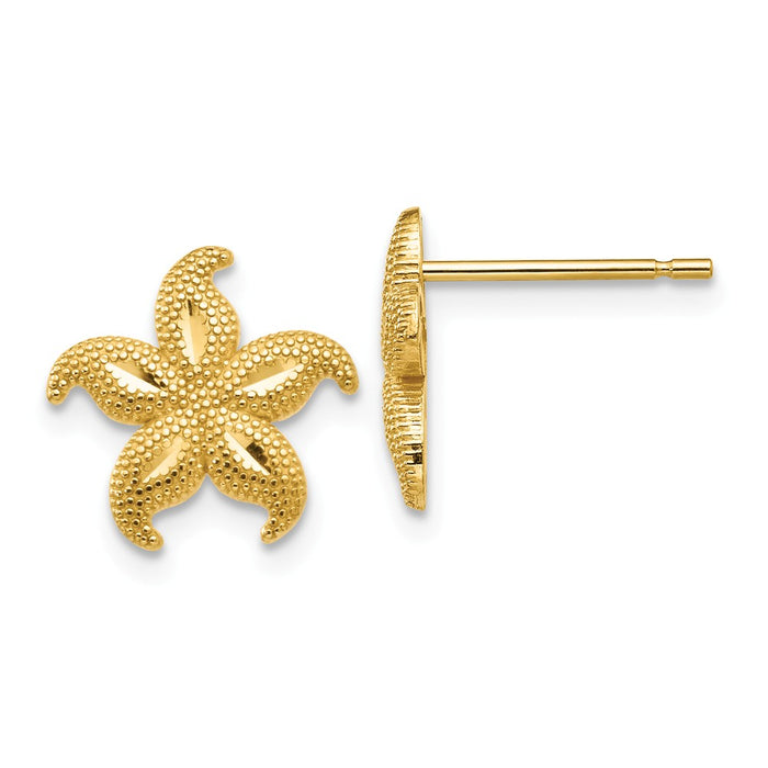 Million Charms 14 Gold Polished & Textured Starfish Post Earrings, 11mm x 11mm