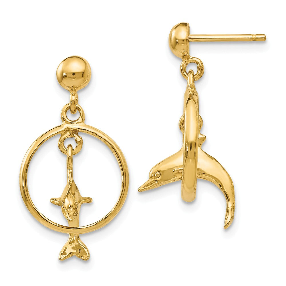 Million Charms 14k Yellow Gold Polished 3-D Dolphin Jumping Through Hoop Dangle Earrings, 22mm x 13mm