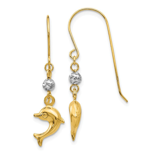 Million Charms 14K Two Toned Puffed Dolphin Shepherd Hook Earrings, 33mm x 8mm