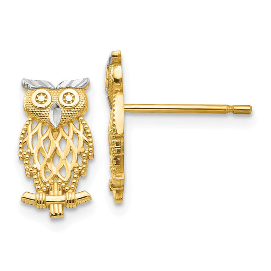 Million Charms 14k with Rhodium Polished Cut-out Owl Post Earrings, 13mm x 6mm
