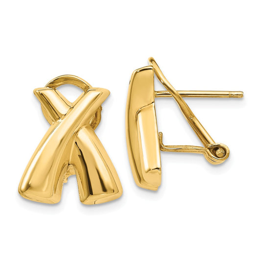 Million Charms 14k Yellow Gold Polished X Omega Back Post Earrings, 15mm x 13mm