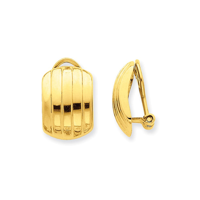 Million Charms 14k Yellow Gold Polished Ribbed Non-pierced Omega Back Earrings, 17mm x 12mm