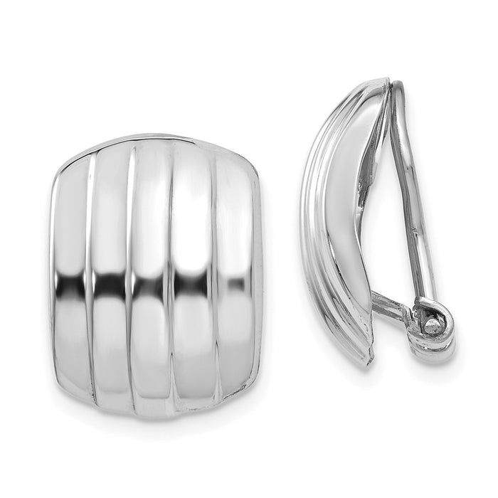 Million Charms 14k White Gold Polished Ribbed Non-pierced Omega Back Earrings, 17mm x 12mm